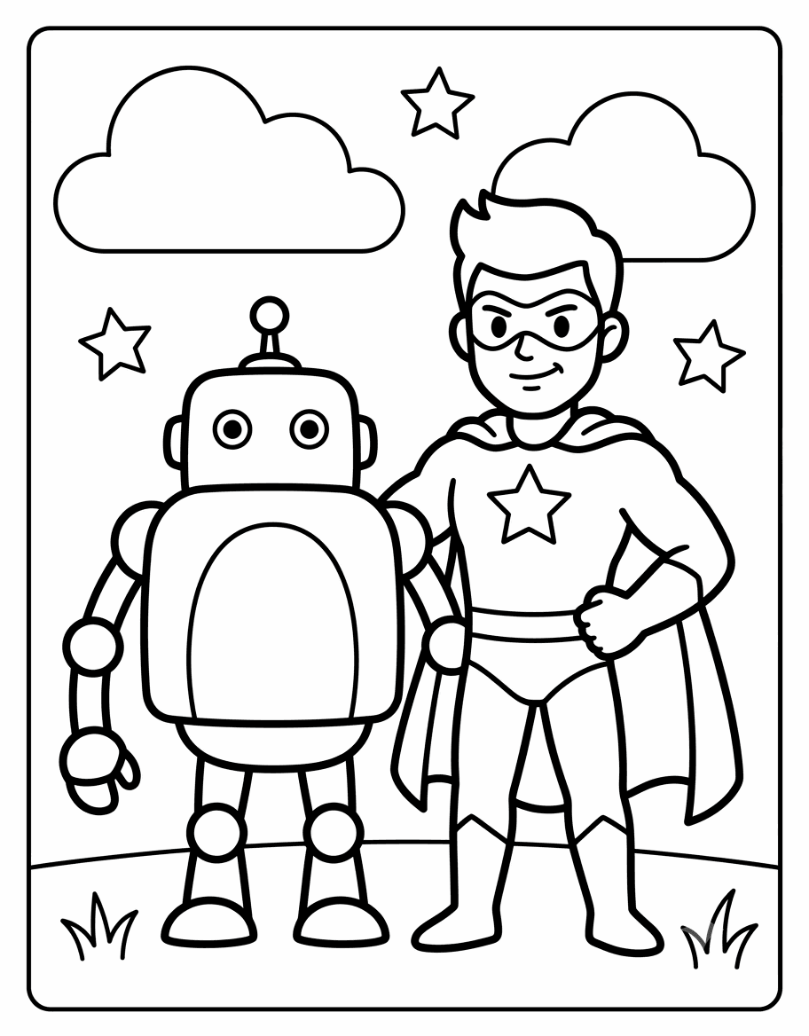 Outline drawing of a superhero boy standing next to a friendly robot