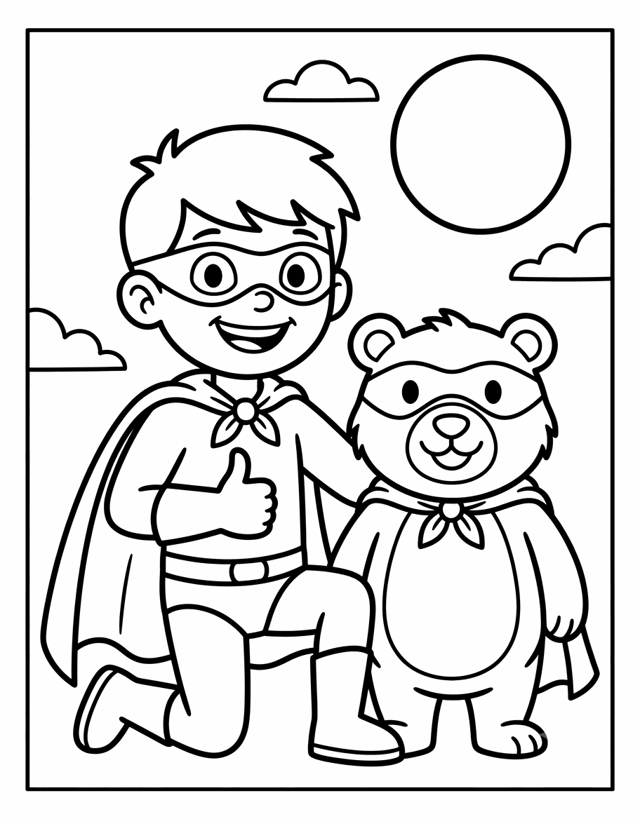 Outline drawing of a superhero boy kneeling next to a teddy bear wearing a superhero mask and cape