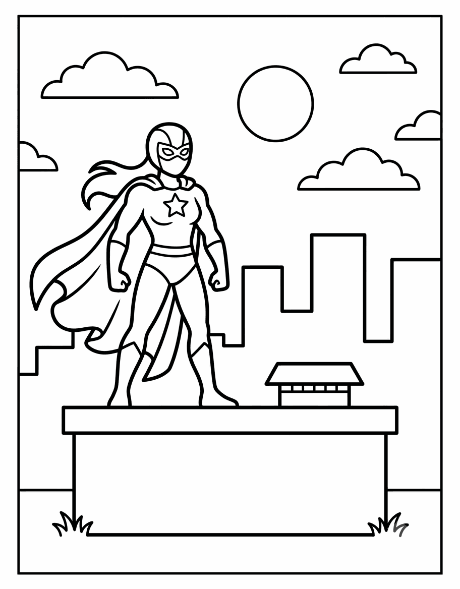 Outline drawing of a masked superhero standing on a rooftop overlooking the city skyline