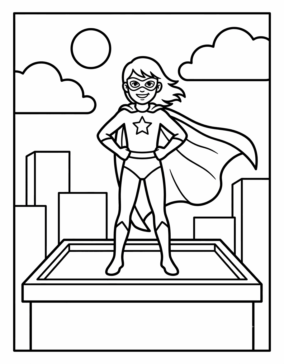 Outline drawing of a superhero girl standing on a city rooftop with her cape flowing