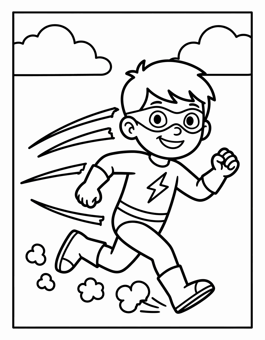 Outline drawing of a superhero boy running fast with speed lines and a lightning bolt emblem