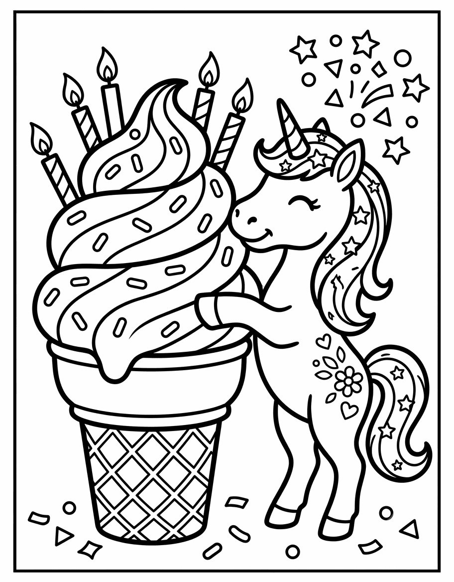 Outline drawing of a unicorn hugging a big swirled ice cream cone with candles and confetti