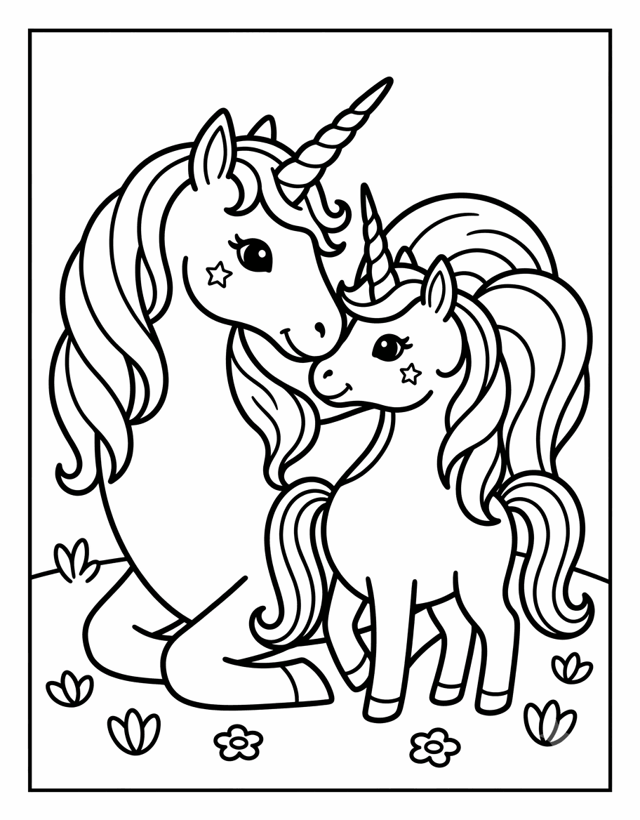Outline drawing of a mother unicorn nuzzling her baby unicorn