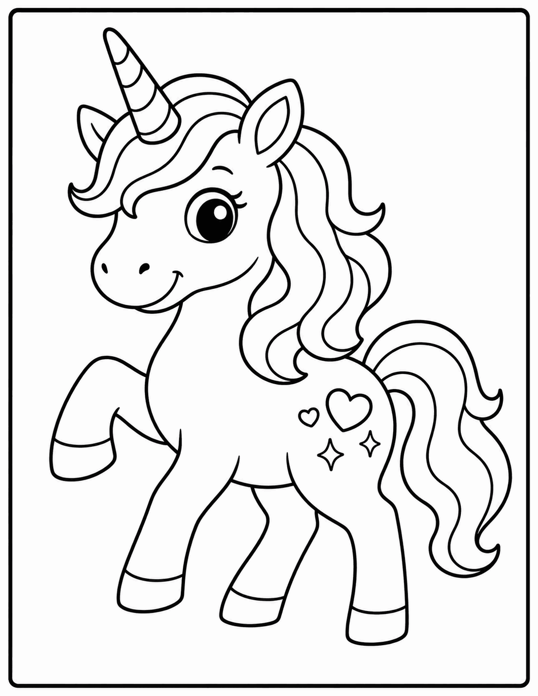 Outline drawing of a prancing unicorn with hearts and stars