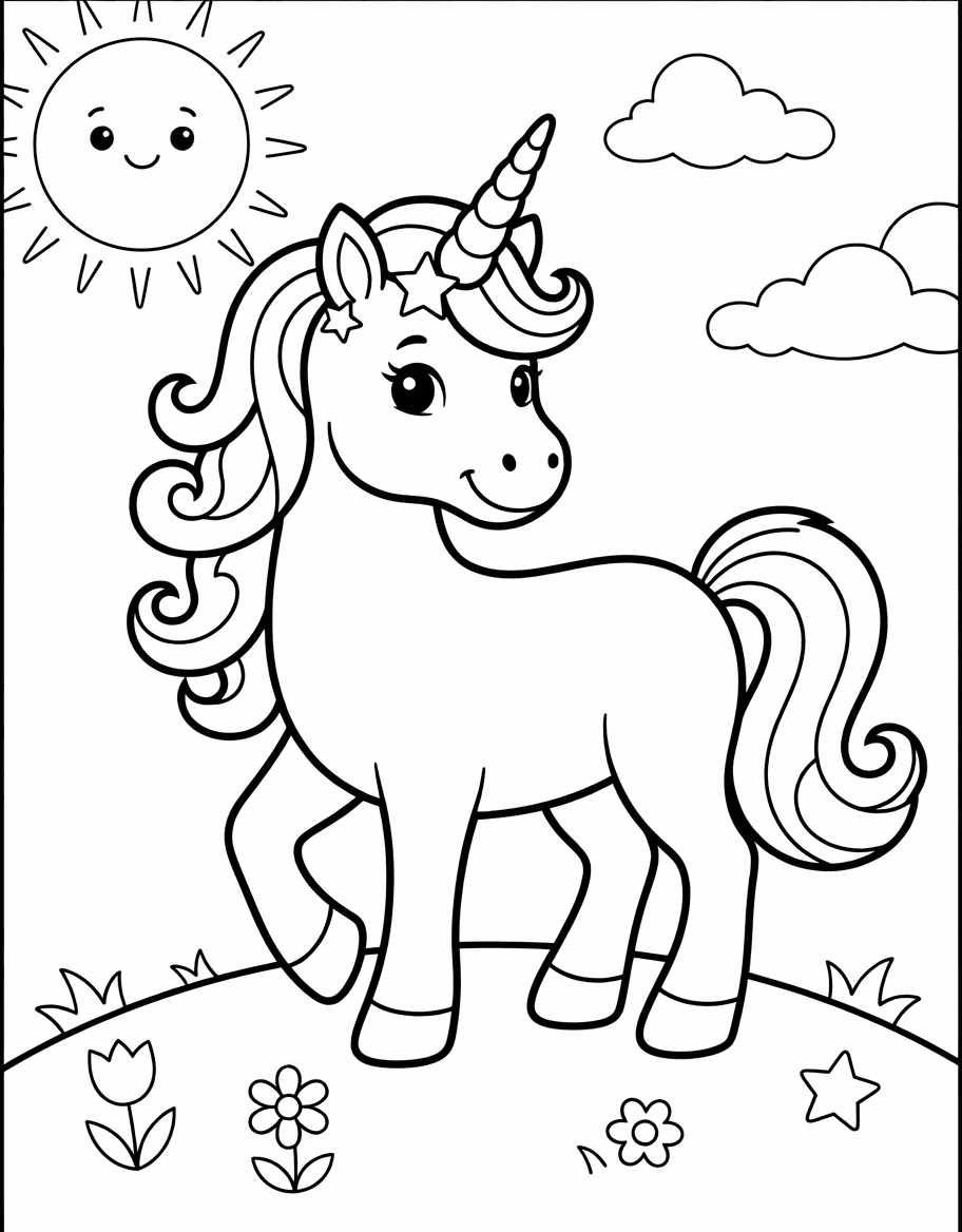 Outline drawing of a unicorn trotting under a smiling sun