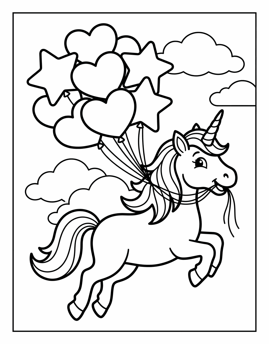 Outline drawing of a unicorn rearing up with heart and star balloons tied to its mane