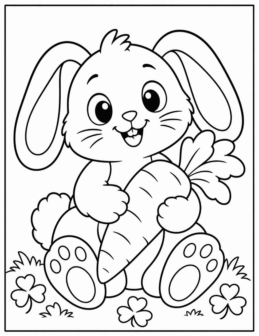 Outline drawing of a bunny hugging a giant carrot surrounded by clovers