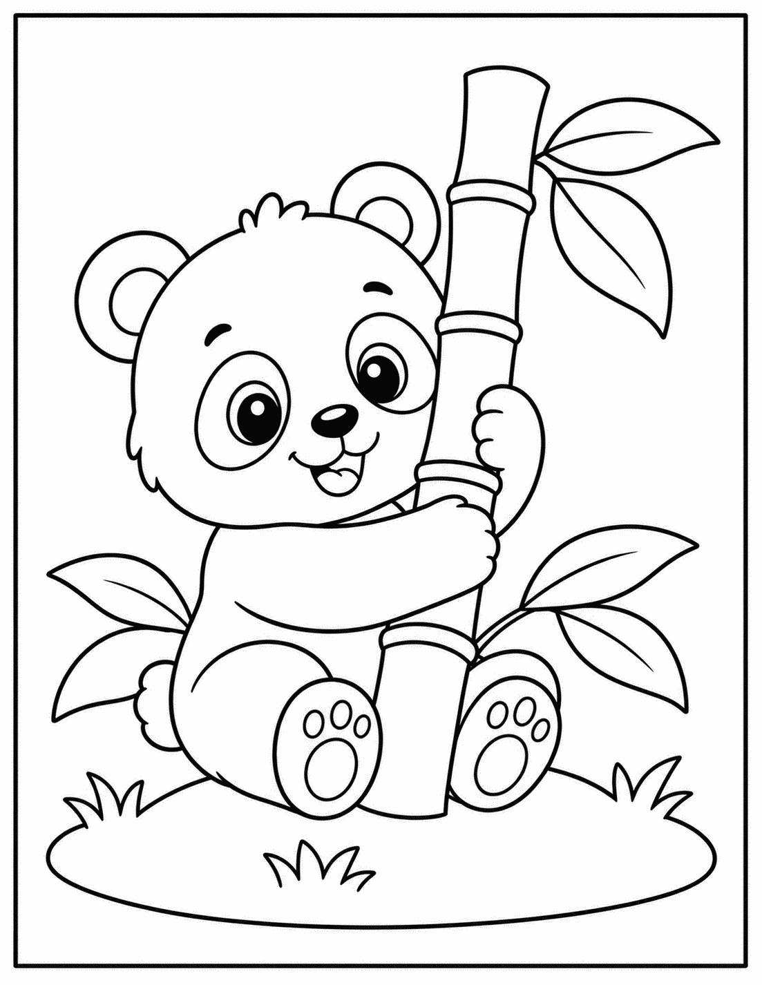 Outline drawing of a panda hugging a tall bamboo stalk