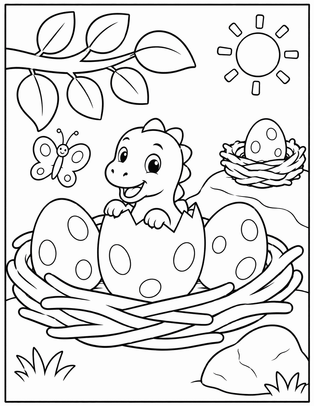 Outline drawing of a baby dinosaur hatching from an egg in a nest