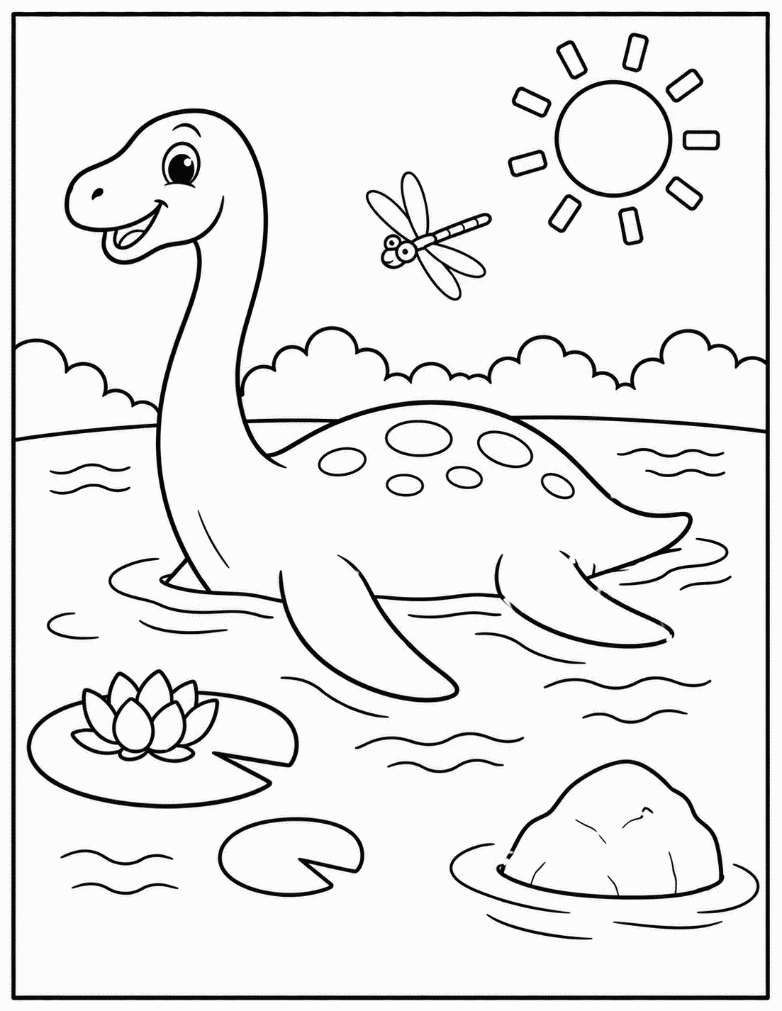 Outline drawing of a Plesiosaurus swimming in a lake with a dragonfly and lily pads