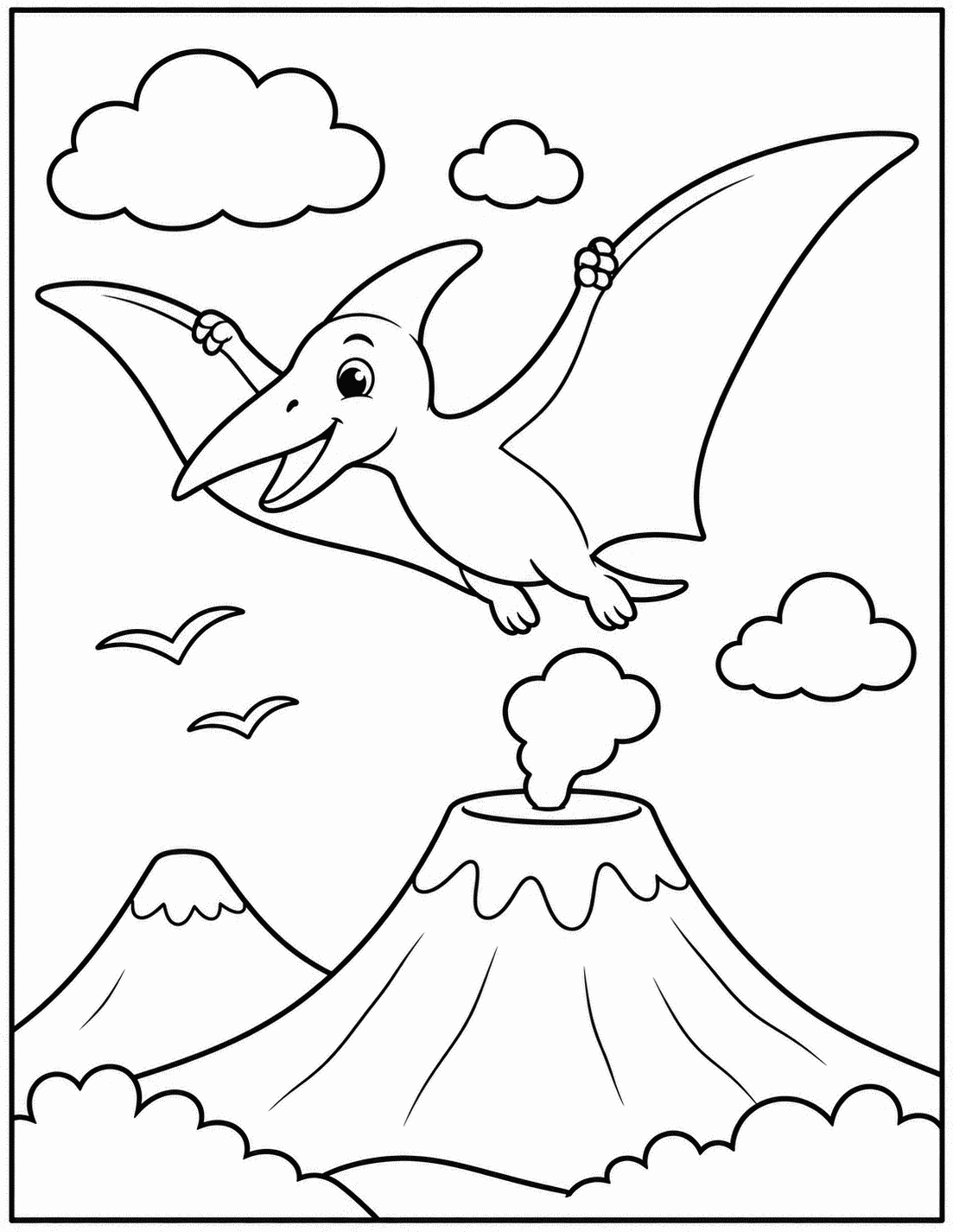 Outline drawing of a Pteranodon flying past birds above mountains and a volcano