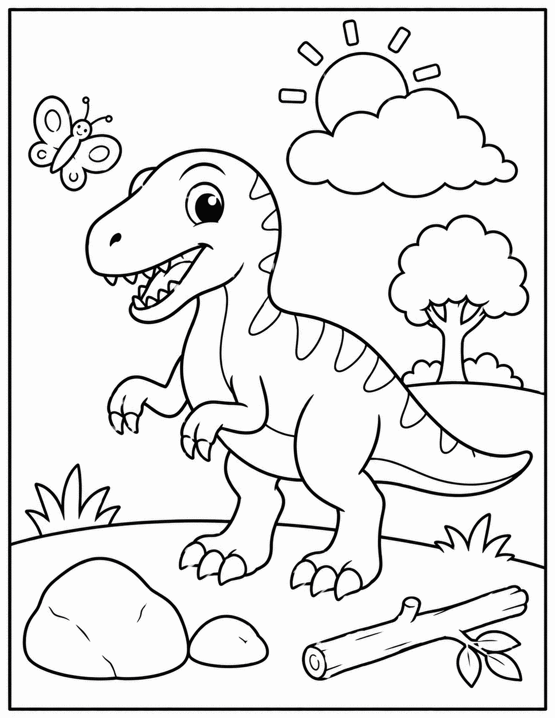 Outline drawing of a spiky-backed dinosaur watching a butterfly near a log