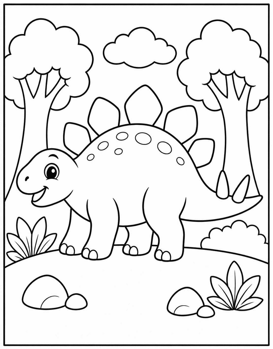 Outline drawing of a Stegosaurus walking through the woods between two trees