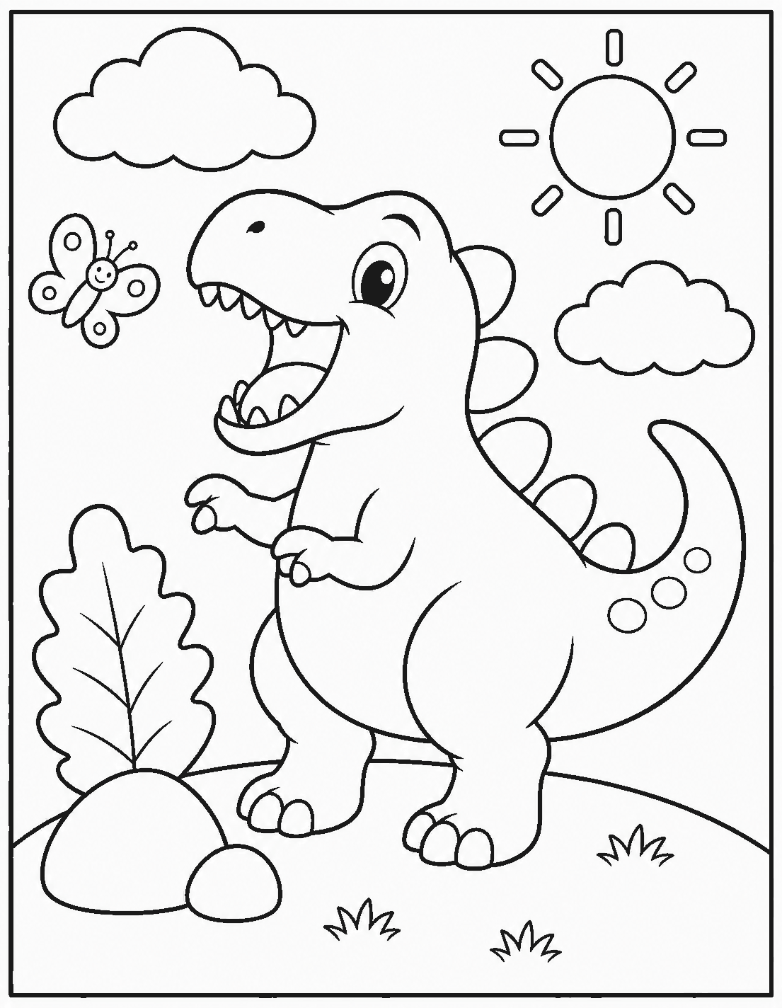 Outline drawing of a T-Rex roaring at a butterfly under the sun