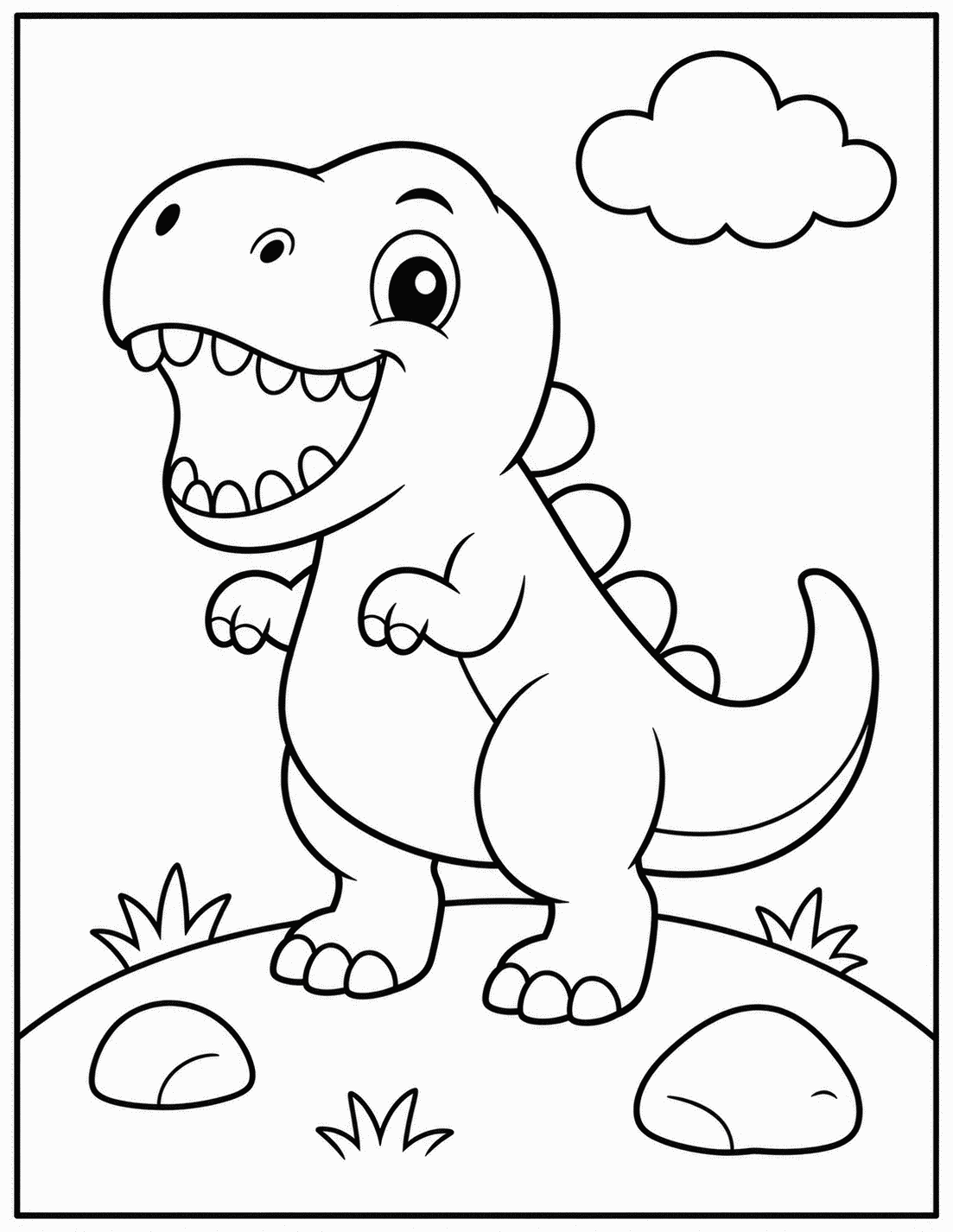 Outline drawing of a T-Rex roaring on a grassy hill with rocks and a cloud