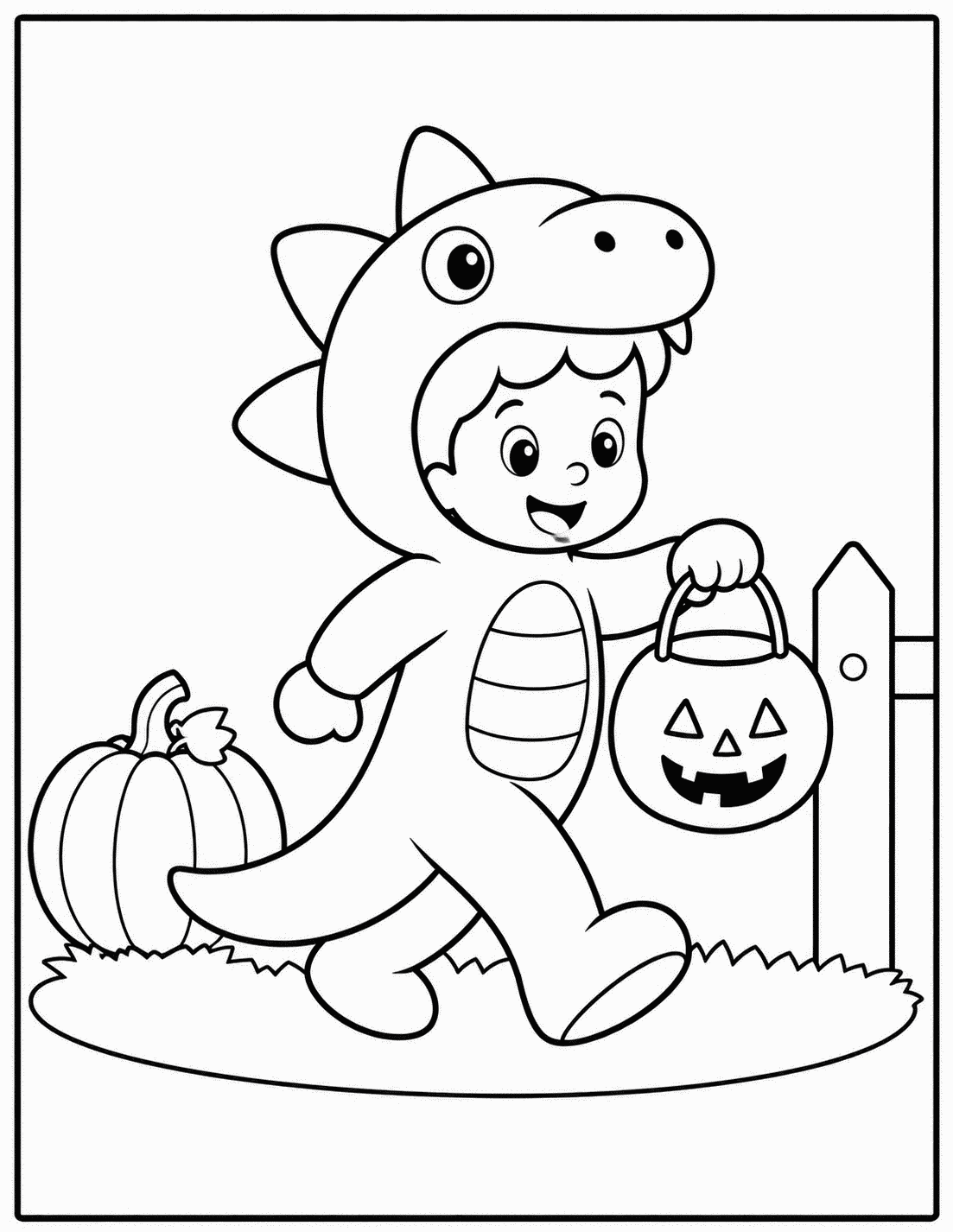 Outline drawing of a child in a dinosaur costume trick-or-treating with a jack-o'-lantern bucket by a fence and a pumpkin