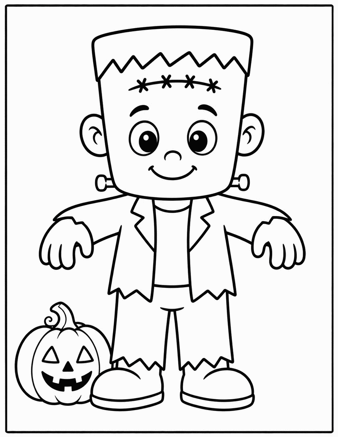 Outline drawing of a child dressed as Frankenstein's monster standing next to a jack-o'-lantern