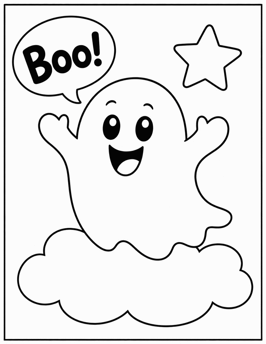 Outline drawing of a ghost with a "Boo!" speech bubble floating over a cloud next to a star