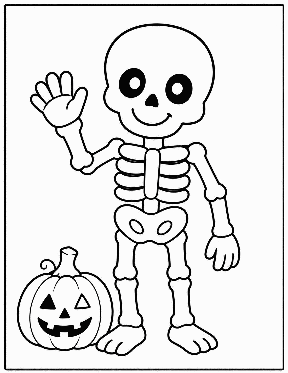 Outline drawing of a smiling skeleton waving next to a jack-o'-lantern