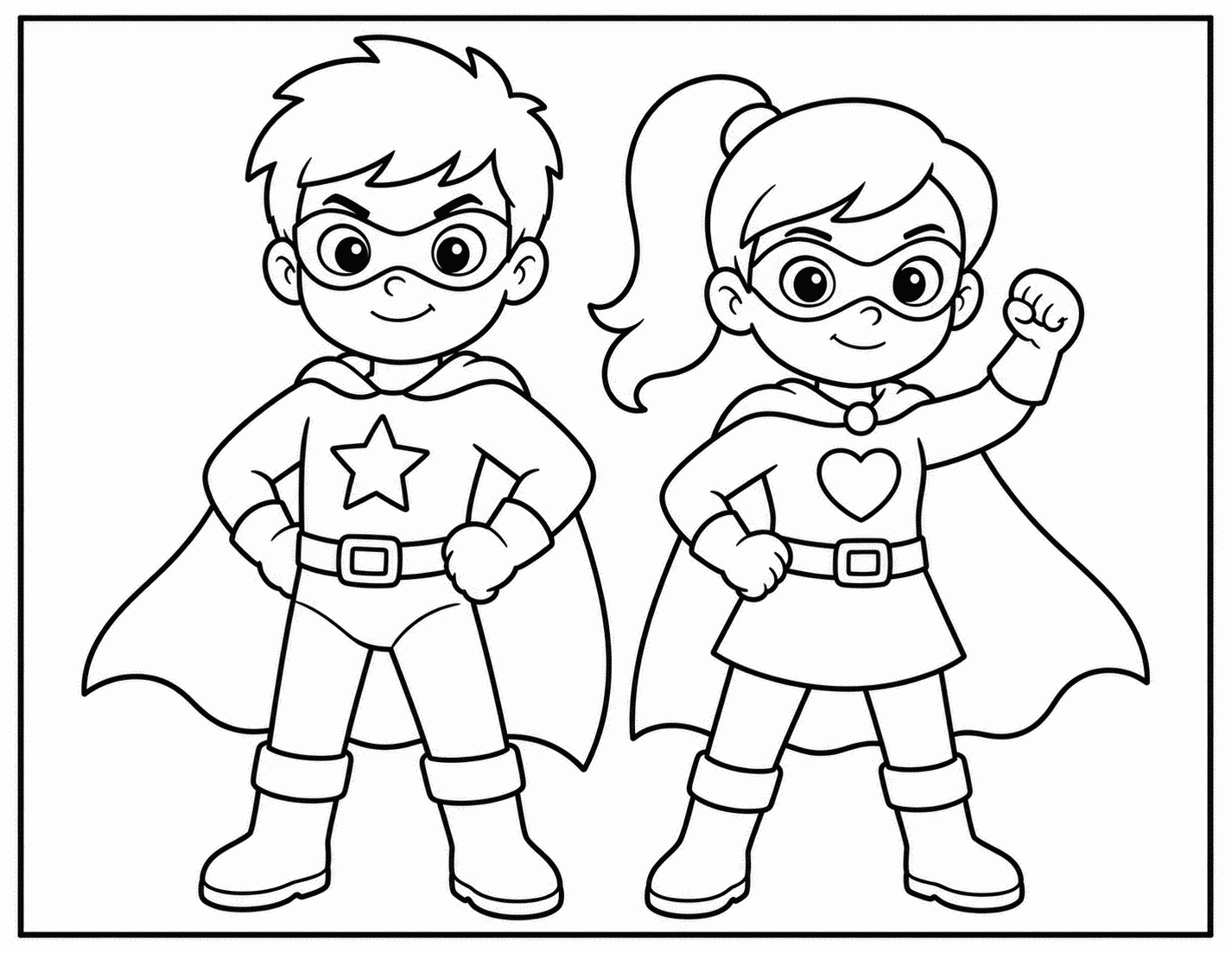 Outline drawing of a superhero boy and girl standing together with star and heart emblems
