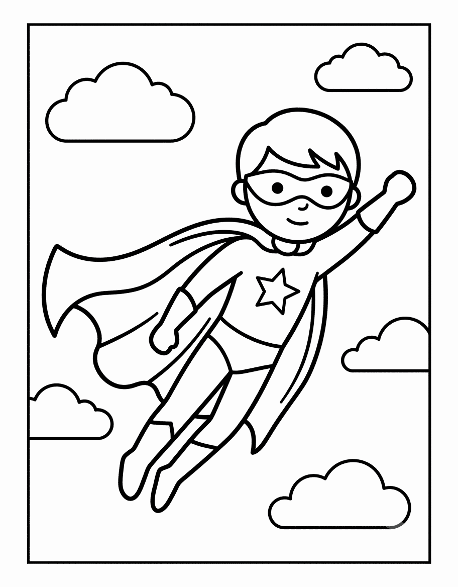 Outline drawing of a superhero boy flying through clouds with his fist raised