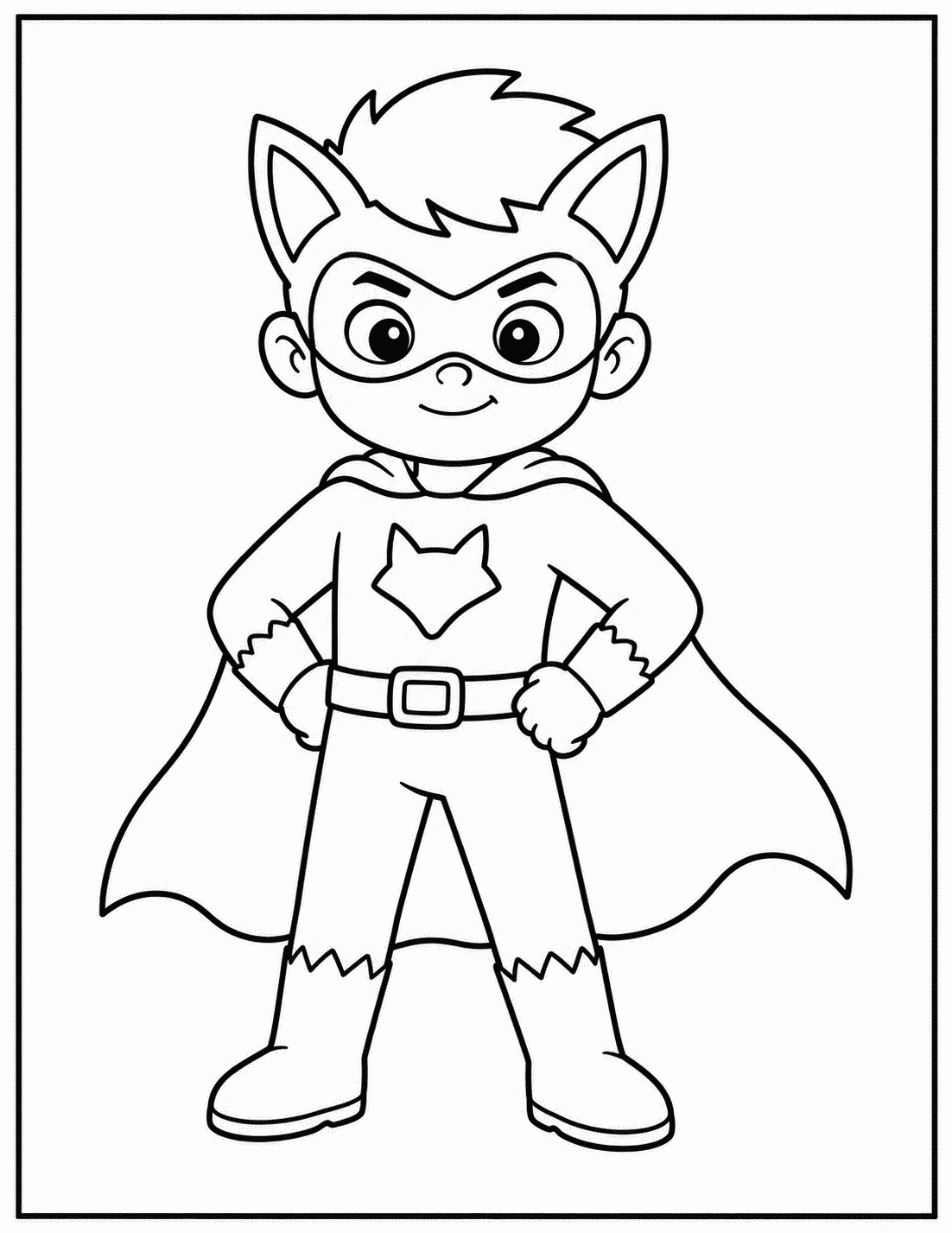 Outline drawing of a superhero boy with pointed fox-like ears on his mask and a paw-shaped emblem