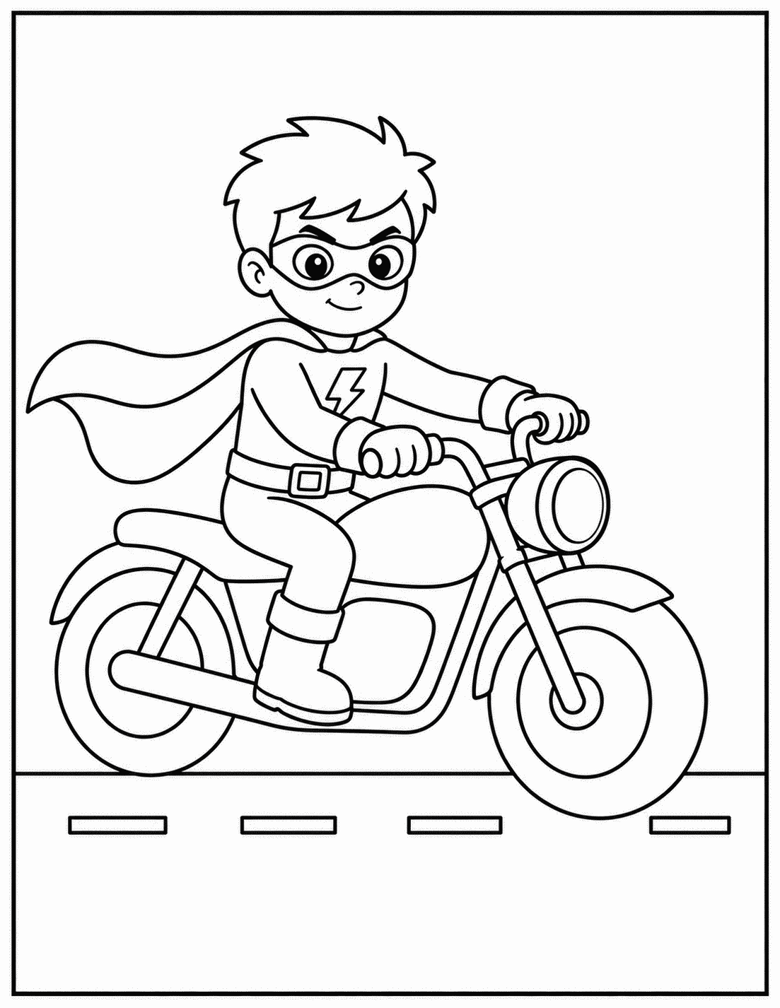 Outline drawing of a superhero boy riding a motorcycle with a lightning bolt emblem on his chest