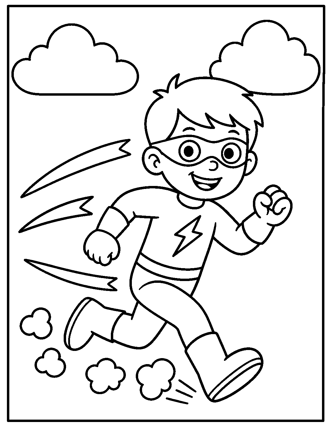 Outline drawing of a superhero boy running fast with speed lines and a lightning bolt emblem