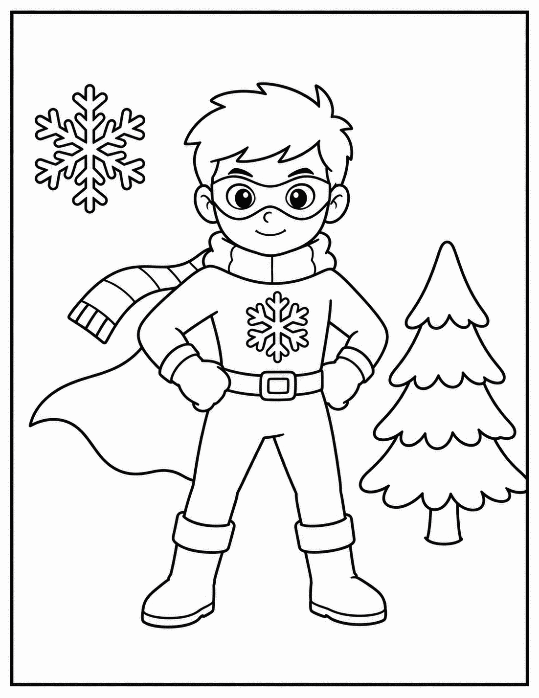 Outline drawing of a superhero boy wearing a scarf with a snowflake emblem next to a snowy pine tree