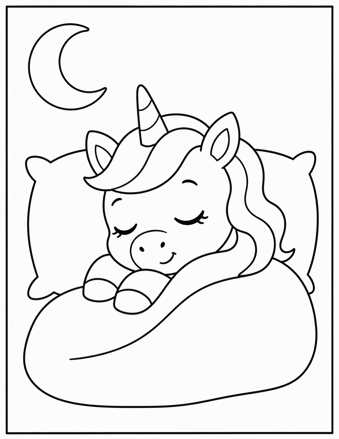 Outline drawing of a unicorn sleeping on a pillow under a crescent moon