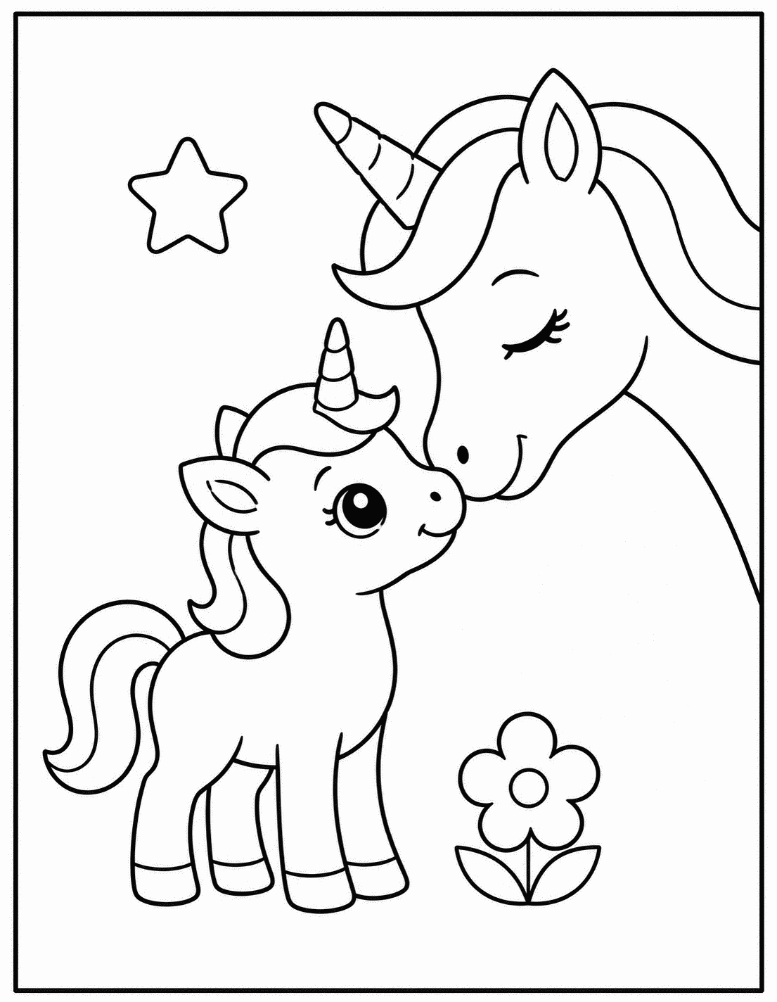 Outline drawing of a mother unicorn nuzzling her foal under a star beside a flower