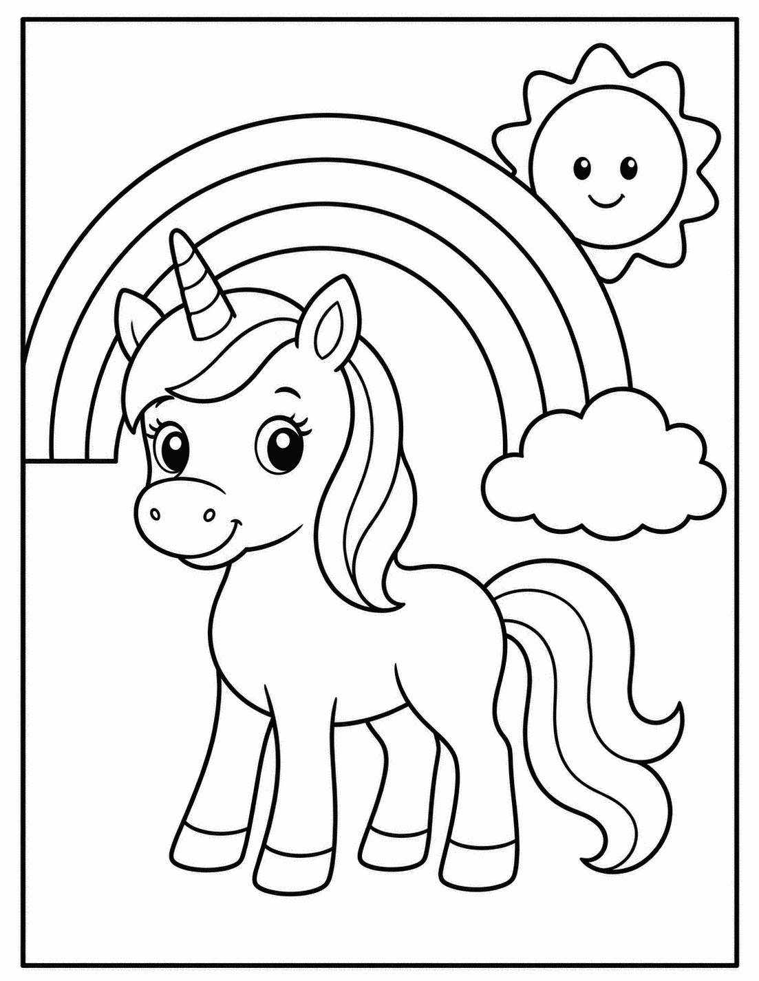 Outline drawing of a unicorn standing under a rainbow beside a smiling sun and cloud